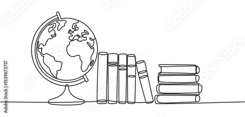 Single Line Drawing of Globe and Books for Education