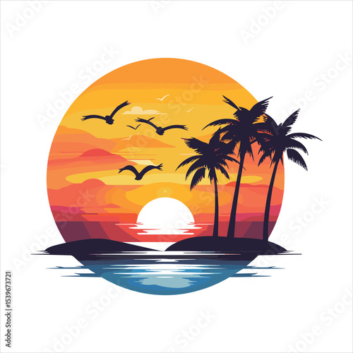 tropical beach with palm tree, palm, beach, sea, tree, island, tropical, sun, summer, ocean, vector, illustration, sunset, water, nature, travel, landscape, sky, vacation, silhouette, design, sand, pa
