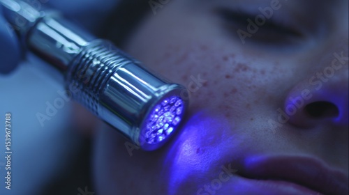 Close-up of UV light device emitting blue glow on clear skin, dermatology treatment for acne or skin disinfection, medical technology and skincare concept.