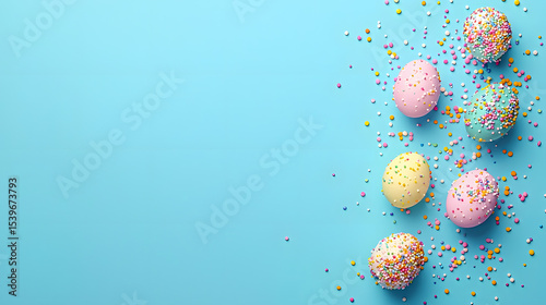 Top view photo of yellow pink blue white easter eggs and sprinkles on isolated pastel blue