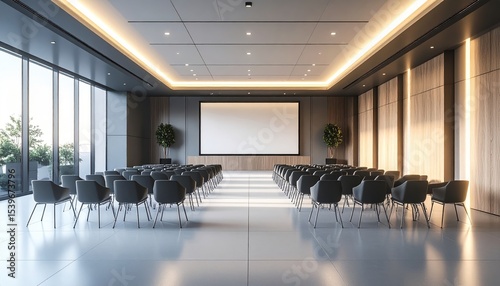 Modern Conference Room with Empty Chairs and Large Screen Ready for Presentation