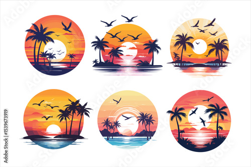 tropical beach with palm tree, palm, beach, sea, tree, island, tropical, sun, summer, ocean, vector, illustration, sunset, water, nature, travel, landscape, sky, vacation, silhouette, design, sand, pa