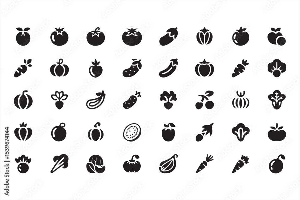 Obraz premium Collection of black glyph fruit and vegetable icons in minimalist flat vector style for healthy food and farm branding