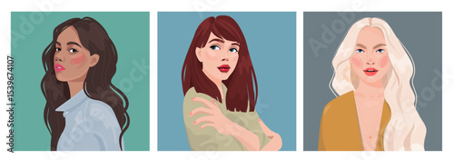 Set of portraits of women of different gender and age. Diversity. Vector flat illustration. Avatar for a social network.  Vector flat illustration