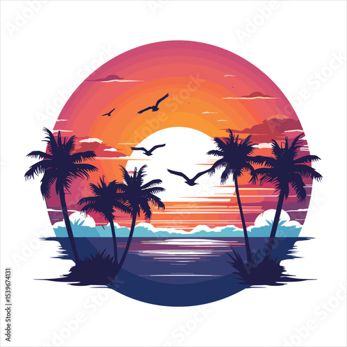 tropical beach with palm tree, palm, beach, sea, tree, island, tropical, sun, summer, ocean, vector, illustration, sunset, water, nature, travel, landscape, sky, vacation, silhouette, design, sand, pa