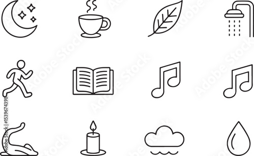 Comprehensive wellness and self-care line icons for relaxation, mental health, and physical well-being