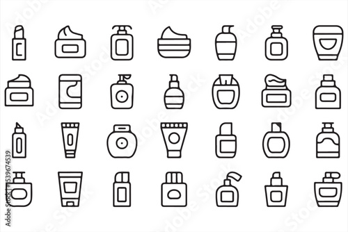Minimalist vector icon set of skincare and beauty cosmetics including lipstick, lotion, perfume, and cream in clean line style