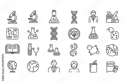  Collection of 20 minimalist black and color-accented vector icons representing science, research, biology, DNA, lab equipment, and global education