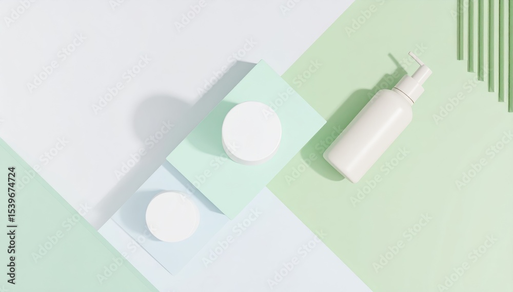 Fototapeta premium Pastel Colored Background with Skincare Products Cream Jars and Pump Bottle Mockup. (3D Render)