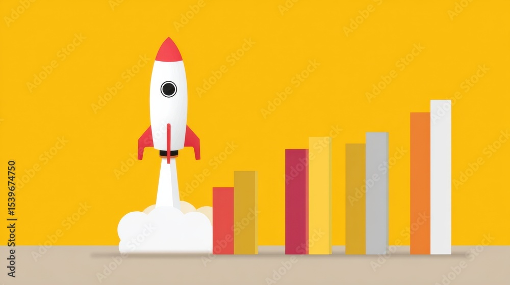 Fototapeta premium Confident Goal Program concept. Rocket launching with rising bar graphs on a vibrant background.