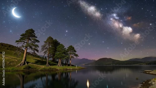 Night Sky Majesty with Moon and Galaxy