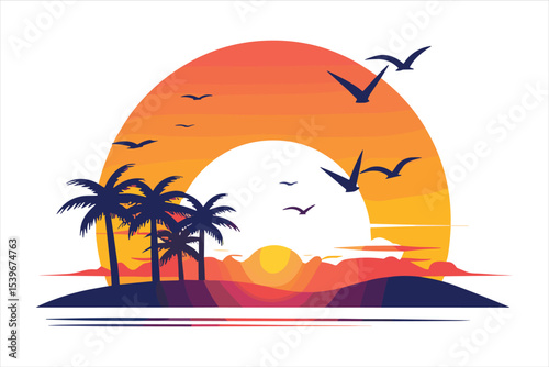 tropical beach with palm tree, palm, beach, sea, tree, island, tropical, sun, summer, ocean, vector, illustration, sunset, water, nature, travel, landscape, sky, vacation, silhouette, design, sand, pa