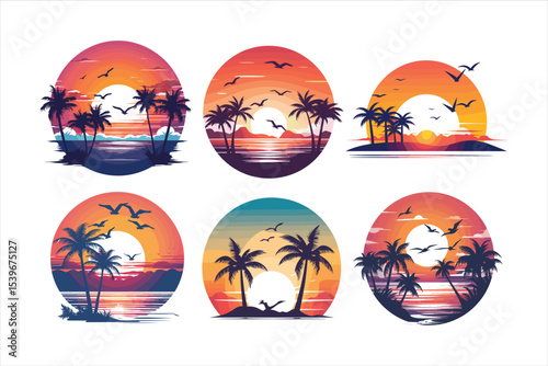 tropical beach with palm tree, palm, beach, sea, tree, island, tropical, sun, summer, ocean, vector, illustration, sunset, water, nature, travel, landscape, sky, vacation, silhouette, design, sand, pa