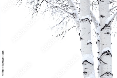 Snow-covered birch tree trunks against a white background.