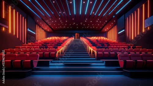 Empty cinema auditorium lit by vibrant neon lights