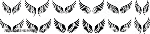 Collection of Black and White Stylized Angel and Bird Wing Silhouettes, Versatile Feathered Designs for Graphic Art, Logos, and Symbolic Concepts.