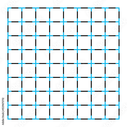 Grid with optical illusion of neon color spreading. Fluid borders between edges of a colored object and background in presence of dark lines. Blue circles appear, especially when viewed from distance.