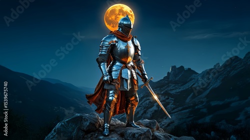 Epic night scene of a heroic knight in full shining armor standing on a mountain peak with a glowing full moon behind. Powerful medieval knight posed on rocky summit. 1