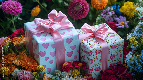 Two wrapped gift boxes with heart designs and pink bows, surrounded by colorful flowers