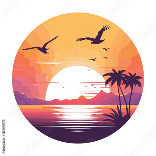 tropical beach with palm tree, palm, beach, sea, tree, island, tropical, sun, summer, ocean, vector, illustration, sunset, water, nature, travel, landscape, sky, vacation, silhouette, design, sand, pa