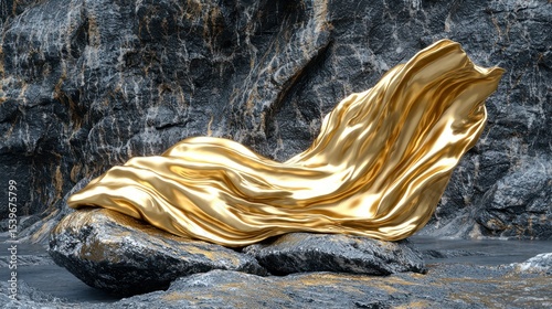 Golden fabric draped over rock. Dramatic lighting