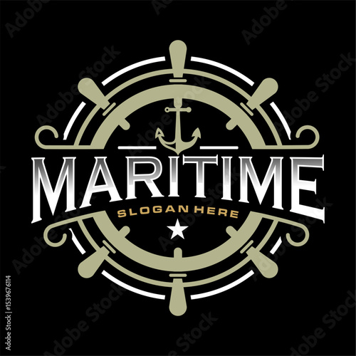 steering wheel icon symbol, Maritime nautical vector logo design rounded shape, wind rose vintage illustration	