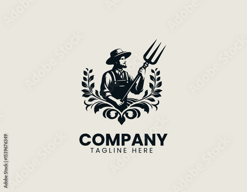Wholesome vintage farmer holding a three-pronged garden fork in detailed vector logo design for farm products