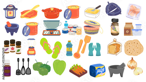Illustration of various kitchen items and food products arranged in a grid like fashion