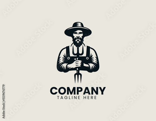 A vintage-style farmer character holding a wooden garden fork in a rustic vector logo illustration for agricultural branding