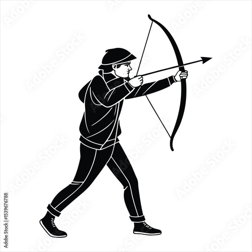A vector silhouette design, archer with bow and arrow,white background.
