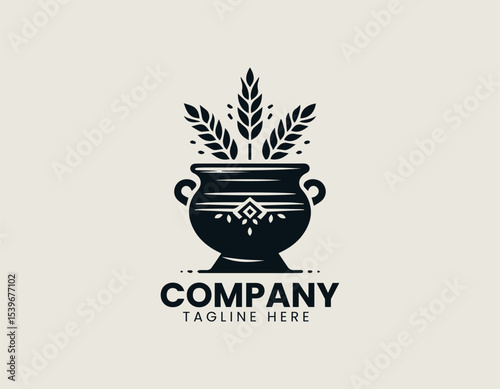 Retro-styled pot with wheat sheaf and rice grains in warm colors for a nostalgic vector logo design