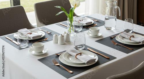Elegant table setting with white plates and copper cutlery for four
