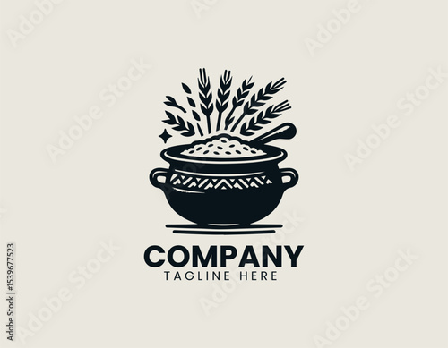 A vintage-style cooking pot with wheat stalks and rice grains in an ornate vector logo design for agricultural branding