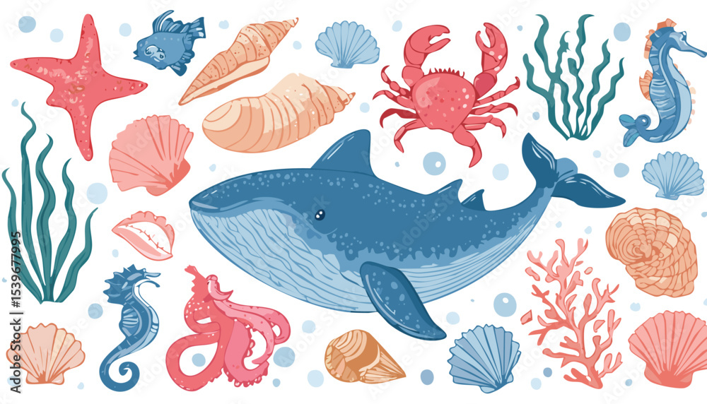 Obraz premium Hand drawn sea animals set. Wild marine life, seashells, fish, seaweed and corals. Whale, octopus, crab, seahorse, dolphin, killer whale, turtle, squid, cachalot. Vector.water, colourful, underwater, 