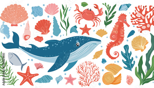 Hand drawn sea animals set. Wild marine life, seashells, fish, seaweed and corals. Whale, octopus, crab, seahorse, dolphin, killer whale, turtle, squid, cachalot. Vector.water, colourful, underwater, 