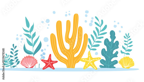 Set of coral and seaweed. Hand drawn aquarium plants, underwater ocean flora, seashell, algae, starfish.algae, aquatic, colourful, graphic, reef, star, underwater, aquarium, coral, drawn, hand-drawn, 