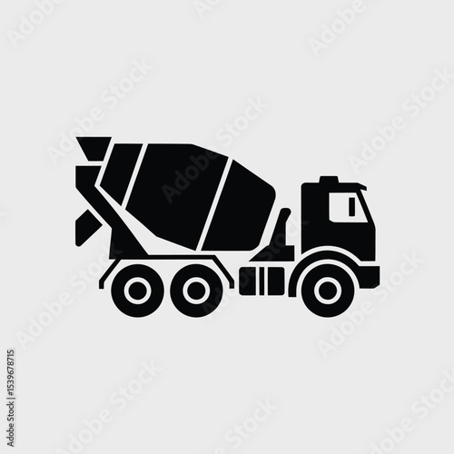 Black and white vector illustration of a cement mixer truck depicting construction and building activities on a clean white background.