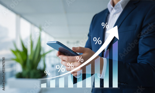 Businessman using smartphone showing growth graph investment fut