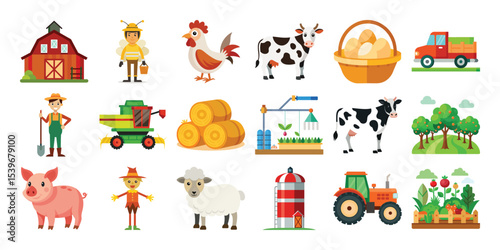 Farm animals and equipment icons set isolated on white background