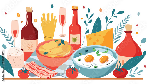food posters for the kitchen. Trendy art prints hand drawn with eggs, bacon and tomatoes, pasta, bread, wine and cheese. Minimalist design for wall decor, restaurant menu,illustration, vector, 