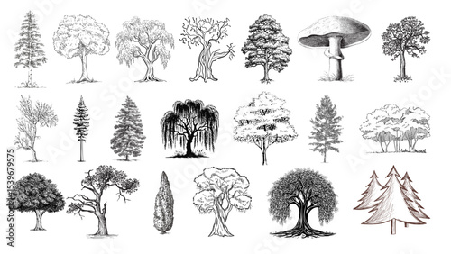 Collection of various hand drawn trees and a mushroom in black and white ink illustration style design