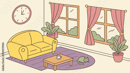 Cartoon Vector Bedroom Interior with Bed, Sofa, Lamp & Window