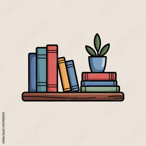 Colorful illustrated books and potted plant on wooden shelf ideal for home decor education or reading concept with minimalist design