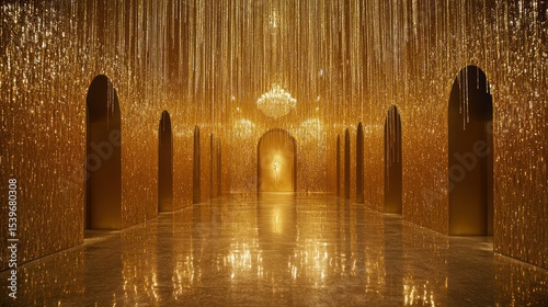 Golden hallway, arches, chandeliers, shimmering, reflective