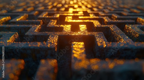 Golden light illuminating textured stone labyrinth path