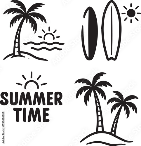 Summer Ocean Beach Vector Set – Hand Drawn Tropical Vacation Silhouettes with Palm Trees, Surfboards, and Coastal Icons

