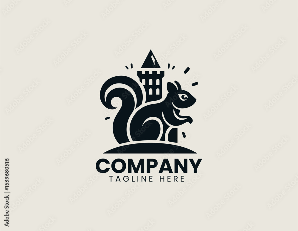 Obraz premium Cartoon squirrel knight with tiny sword standing atop castle walls in fun vector logo illustration
