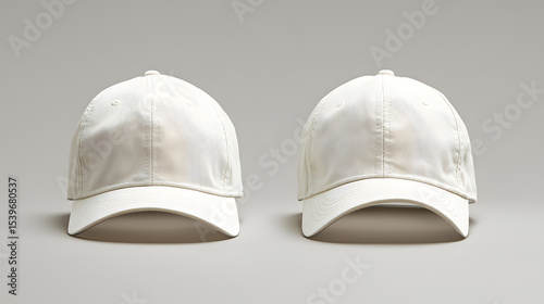 White unadorned baseball cap showcased in a minimalistic setup, front and back perspectives