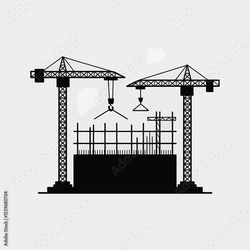 Construction site silhouette depicting building development and modern infrastructure with cranes and structures against a white background