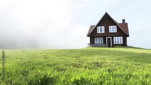 Wallpaper Mural Charming Wooden House with Red Roof in Misty Countryside Meadow Surrounded by Lush Green Grass and Nature Under Serene Rural Sky Torontodigital.ca